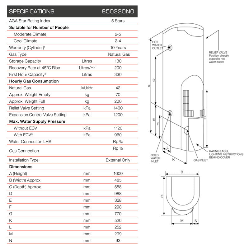 Rheem 130L Stellar 330 Gas Storage Water Heater Specification