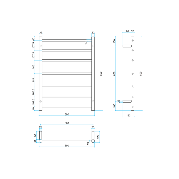 Thermorail 12V Round 600 Ladder Heated Towel Rail - SR4412 Polished Stainless Steel