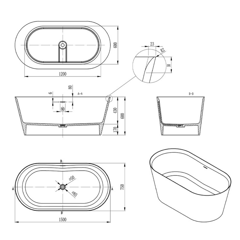 Villeroy & Boch O.Novo 1500 CastStone Freestanding Bath - White