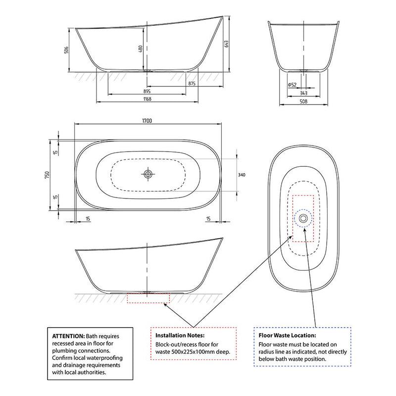 Villeroy & Boch Theano 1700 Curved Quaryl Freestanding Bath - Grey