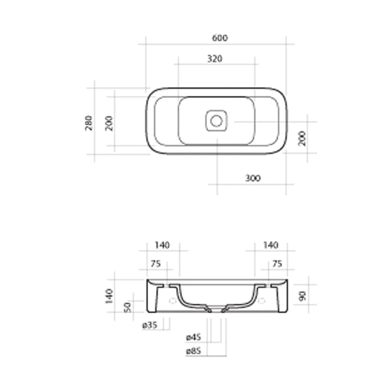 Parisi Cameo Wall Basin 600 x 280 specifications