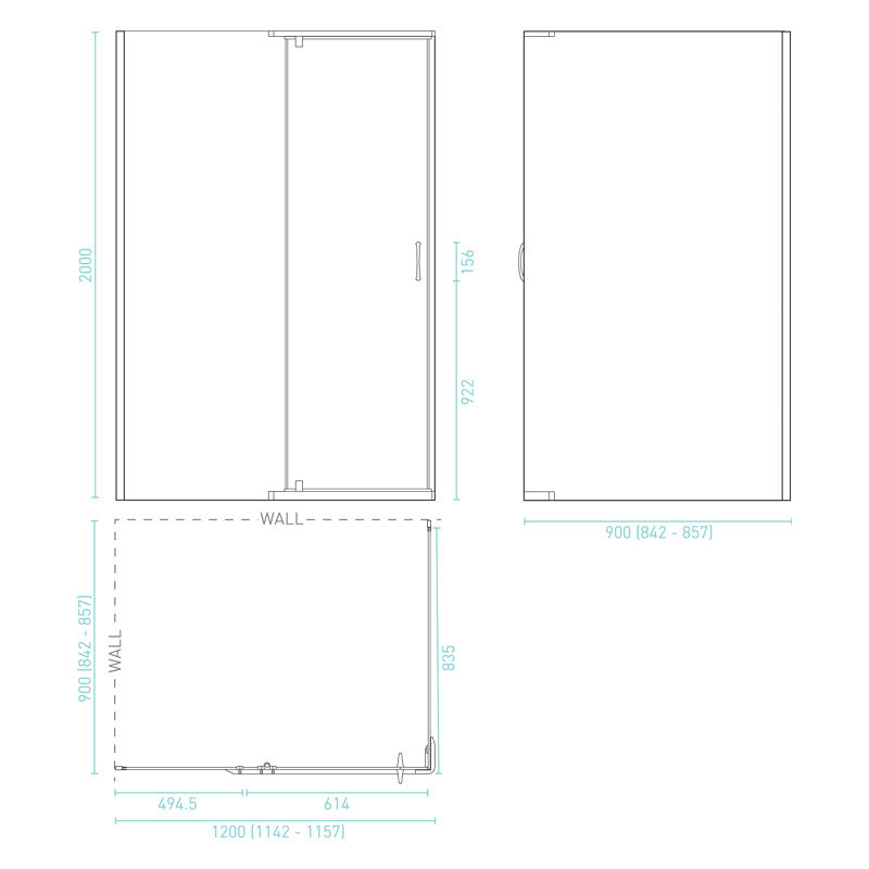 Decina Cascade 1200 Rectangle-Semi-Frameless Pivot Shower System - Rear ...