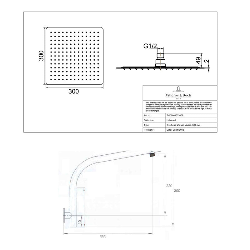 Villeroy & Boch Architectura 300 Square Overhead with Reach Square Shower Arm Specifications