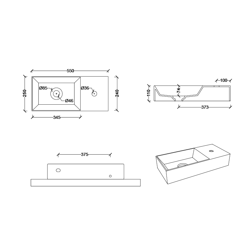 Studio Bagno Spy 55 Bench-Wall Basin - 1 Tap Hole - Matte Black